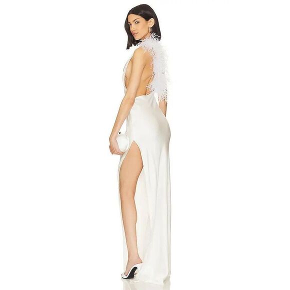 NWT MadeByIla One Shoulder Feather Trim Open Back Silk Emma Gown White $1200 - Picture 3 of 15